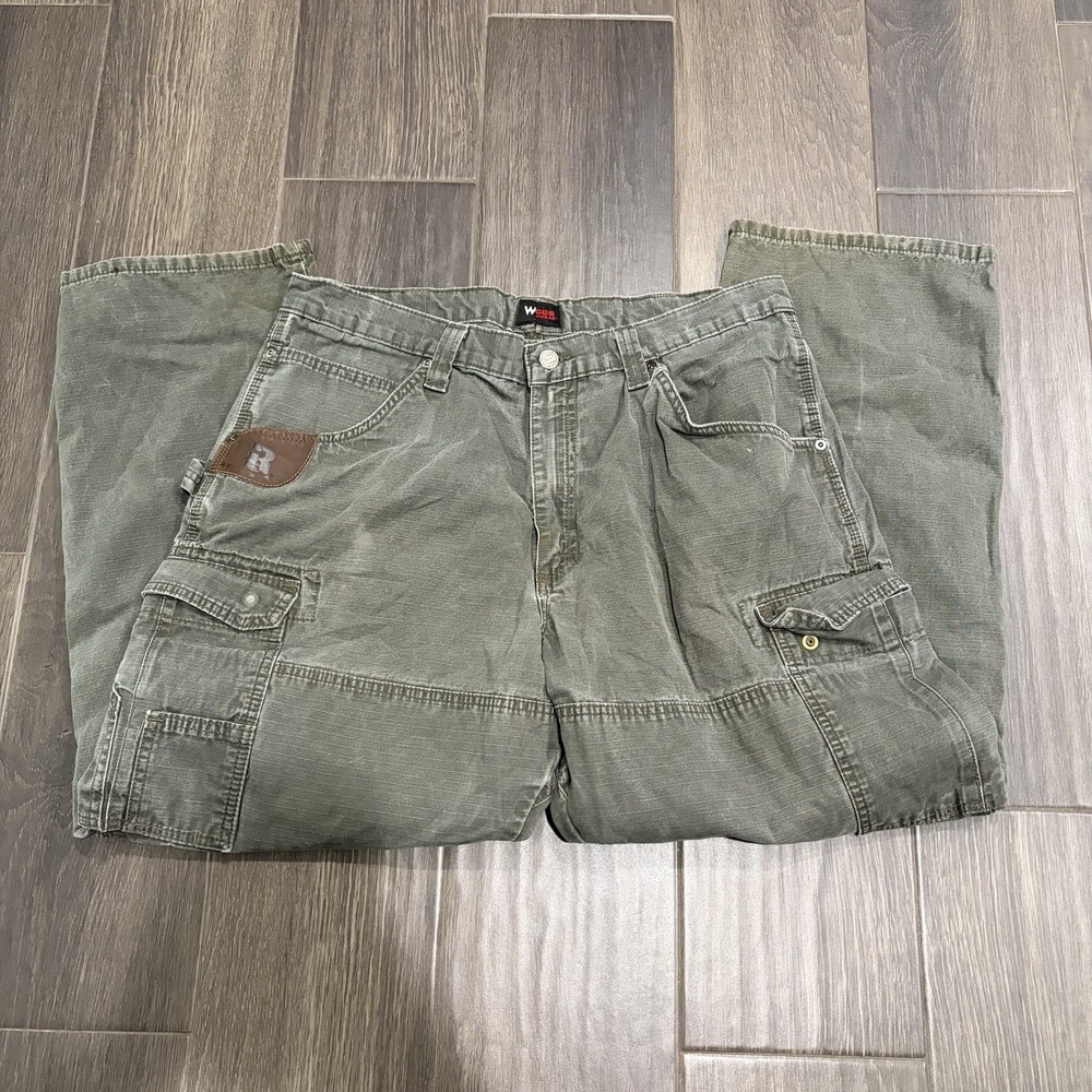 Wrangler Riggs Workwear Cargo Pants Mens 38x30 Green Double Knee Ripstop 3W060LD